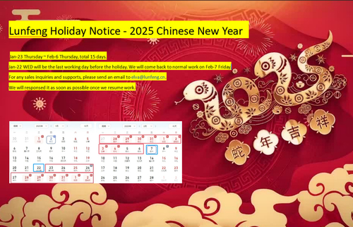 أحدث مدونات الشركة حول عطلة لونفينغ للسنة الصينية الجديدة (CNY): 23 يناير الخميس ~ 6 فبراير الخميس ، ما مجموعه 15 يومًا.